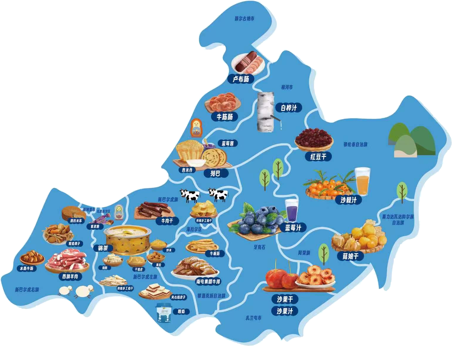 呼伦贝尔手绘特产地图,保留草原美食、俄式风味、林区与农区物产在原图中的分布